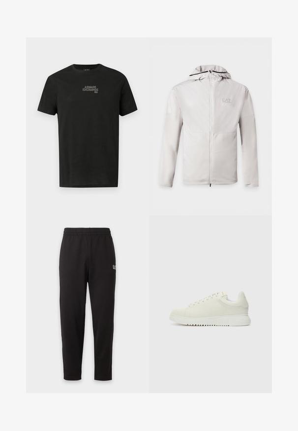 Sweat à capuche gris clair zippé, manches longues, tissu bicolore et petit logo EA7 Emporio Armani sur la poitrine gauche.; T-shirt en coton noir à manches courtes, col rond, avec un logo brodé "Armani Exchange" en contraste sur la poitrine.; Pantalon de survêtement noir à taille élastique, jambes fuselées, avec un petit logo blanc sur la partie supérieure de la cuisse gauche.; Baskets blanches en cuir avec un dessus texturé, bout rond, semelle plate blanche et lacets ton sur ton. Marque discrète sur la languette.