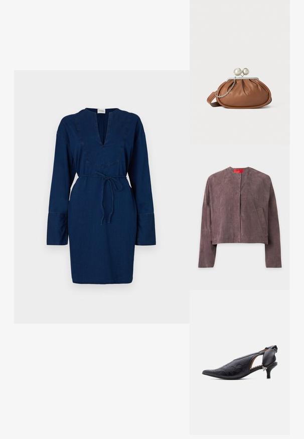 Veste en daim violet à manches longues, col rond, deux poches avant et une étiquette rouge à l'intérieur du col portant la mention MAX.; Robe en denim bleu marine à manches longues, décolleté en V et taille à cordon. Présente des détails de couture le long du décolleté et des manches.; Escarpin slingback en cuir noir à bout pointu avec détails brodés et petit talon kitten, comprenant un nœud rembourré et un accent triangulaire argenté.; Pochette en cuir marron avec un fermoir à boule en argent et un petit détail en chaîne argentée sur fond blanc.