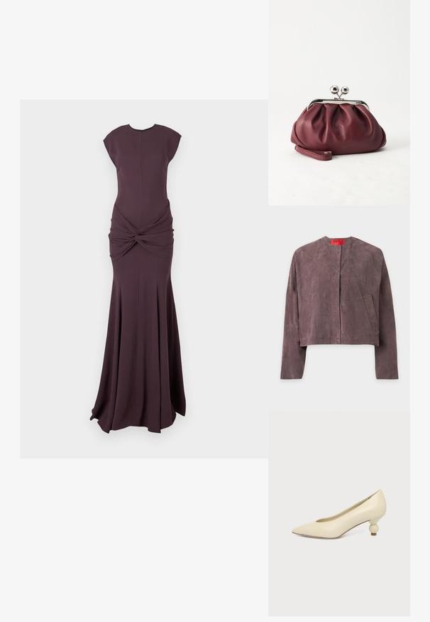 Purple suede long-sleeve jacket with a round neckline, two front pockets, and a red label inside collar that reads MAX.; Dark plum-colored sleeveless evening gown with a fitted bodice, knotted detail at the waist, and a flared floor-length skirt.; Cream-colored women's pointed-toe low heel shoe with a round, ball-shaped heel on a plain background.; Small burgundy leather clutch purse with silver metal clasp and wrist strap on a white background.