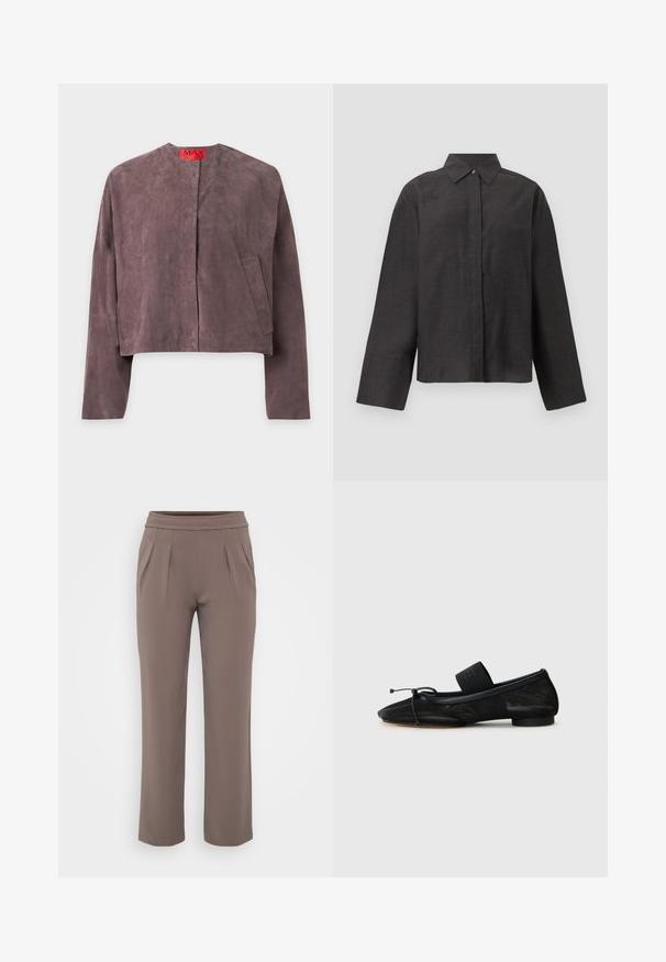 Chaqueta morada de ante con mangas largas, cuello redondo, dos bolsillos delanteros y una etiqueta roja en el interior del cuello que dice MAX.; Camisa negra de manga larga con botones ocultos, puños anchos y cuello puntiagudo, presentada sobre un fondo liso.; Pantalones sueltos color topo con cinturilla elástica y pliegues frontales, hechos de una tela suave.; Zapato plano negro con punta afilada, hecho de tela texturizada, con un lazo como adorno y un pequeño tacón redondo. Banda elástica en el tobillo.