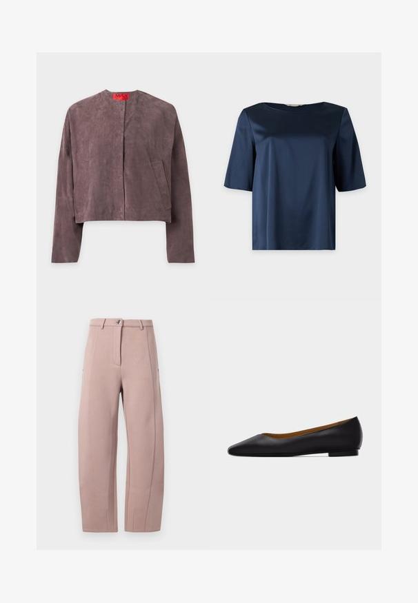 Veste en daim violet à manches longues, col rond, deux poches avant et une étiquette rouge à l'intérieur du col portant la mention MAX.; Blouse courte en satin bleu marine avec un col rond et une coupe ample, présentée sur un fond uni.; Pantalon en tissu rose clair et doux, à coupe droite, avec une fermeture éclair à l'avant, un bouton de fermeture et des poches latérales. Texture lisse avec des détails de couture.; Chaussure plate en cuir noir à bout pointu avec talon bas et finition lisse, vue de côté sur un fond gris clair.