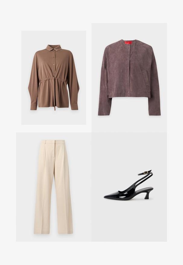 Veste en daim violet à manches longues, col rond, deux poches avant et une étiquette rouge à l'intérieur du col portant la mention MAX.; Chemise marron à manches longues avec boutonnière sur le devant, taille à cordon de serrage, col classique et larges poignets sur fond blanc.; Pantalon beige taille haute à jambes larges avec plis sur le devant et fermeture éclair dissimulée, fabriqué en tissu texturé.; Escarpins à brides arrière en cuir verni noir, à bout pointu, avec un petit talon carré et une sangle de cheville ajustable dotée d'une boucle dorée.
