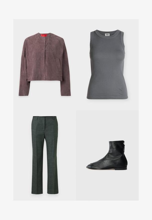 Paarse suède lange mouwen jas met een ronde halslijn, twee voorzakken en een rood etiket aan de binnenkant van de kraag met de tekst MAX.; Mouwloze donkergrijze geribbelde tanktop met een ronde halslijn en merkembleem aan de binnenkant van de kraag.; Groene, met een patroon bedekte broek met een getailleerde pasvorm, met een ruitontwerp, rechte pijpen en een gladde textuur. Effen zwarte tailleband detail.; Zwarte leren enkellaarzen met een puntige neus, een gladde textuur en een rits aan de zijkant voor gemakkelijk aan- en uittrekken. Lage hak, minimalistische stijl.