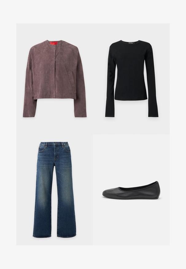 Veste en daim violet à manches longues, col rond, deux poches avant et une étiquette rouge à l'intérieur du col portant la mention MAX.; T-shirt noir ajusté à manches longues avec col rond, ourlet droit et tissu lisse, présenté sur un fond clair uni.; Jean en denim bleu à jambes larges avec poches avant et zones décolorées sur les cuisses et les genoux sur un fond clair.; Ballerines en cuir noir avec un bout rond, texture lisse, détails de couture minimalistes et design de semelle flexible.