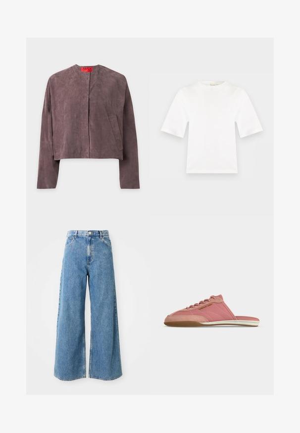 Lila Wildlederjacke mit langen Ärmeln, rundem Ausschnitt, zwei Fronttaschen und einem roten Label im Kragen mit der Aufschrift MAX.; Weißes Kurzarm-T-Shirt mit Rundhalsausschnitt, geradem Schnitt und glatter Stofftextur, dargestellt auf einem flachen hellgrauen Hintergrund.; Hochbundige, hellblaue, weit geschnittene Jeans mit Frontknopf, Reißverschluss und Fronttaschen auf weißem Hintergrund.; Rosa Slip-On-Sneaker mit Schnürung vorne, weißer Sohle, Gummiaußensohle und goldenem "Michael Kors"-Logo an der Seite, aus seitlicher Ansicht gezeigt.