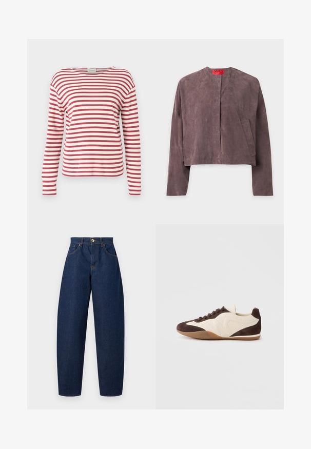Paarse suède lange mouwen jas met een ronde halslijn, twee voorzakken en een rood etiket aan de binnenkant van de kraag met de tekst MAX.; CLOSED BASIC - Longsleeve - cherry red; Donkerblauwe denim jeans met rechte pijpen, hoge taille, knoopsluiting en oranje stiksels. Voorzien van vijf zakken en een klassiek ontwerp.; Bruine en crèmekleurige sneaker met een mix van gestructureerde en gladde materialen, een laag profiel, vetersluiting en een rubberen zool.