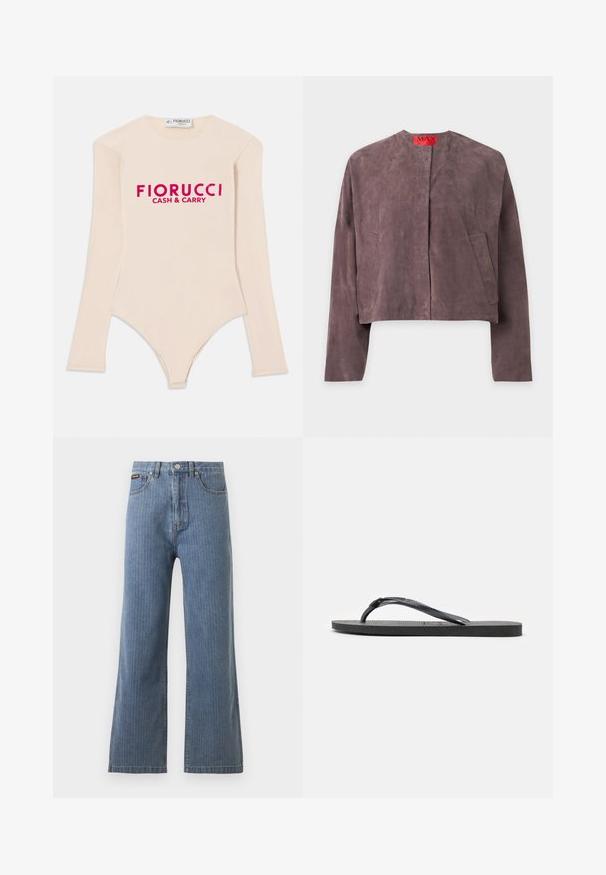 Veste en daim violet à manches longues, col rond, deux poches avant et une étiquette rouge à l'intérieur du col portant la mention MAX.; Body à manches longues de couleur chair en tissu doux, avec un col en scoop et un logo rose vif "Fiorucci CASH & CARRY" sur la poitrine.; Jean bleu taille haute à jambes droites avec poches avant, passants de ceinture et fermeture par bouton sur fond uni.; Tongs en caoutchouc noir avec semelle texturée et bride en forme de Y, vues de côté sur un fond blanc.