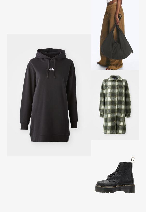 Groen en grijs geruite shirtjacket van zachte flanel, met een kraag, knoopsluiting aan de voorkant en twee borstzakken met gouden knopen.; Zwarte hoodie jurk van zachte stof, met een kangoeroezak aan de voorkant, een verstelbare trekkoordcapuchon en een klein logo op de borst.; Zwarte leren enkelboot met een gestructureerd oppervlak, ronde neus, vetersluiting, gele stiksels en een dikke, geribbelde zwarte plateauzool.; Persoon met bruine wijde broek en wit topje houdt een grote zwarte zachte handtas aan het hengsel bij hun zijde vast.