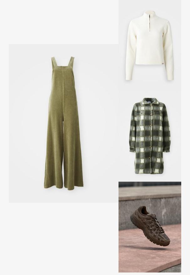 Roheline ja hall ruuduline särgifrakta, mis on valmistatud pehmest flanellist, millel on kaelus, nööpidega eesosa ja kaks rinnataskut kuldsete nuppudega.; Oliivrohelised kongsid laia säärega, reguleeritavate rihmadega ja tekstuurse pinnaga. Lihtne disain, ei ole nähtavaid mustreid ega metallkonstruktsioone.; Valge, tõmbluku kaelusega soe sviiter pika varrukaga. Valmistatud pehmest kudumist, millel on soonikkoes mansetid ja alläär. Diskreetne brändi logo allääres.; Pruun Nike jooksumudel tekstuursete mustrite ja paeltega, hõljuv betoonpinnast üle, taustal kivist trepid.