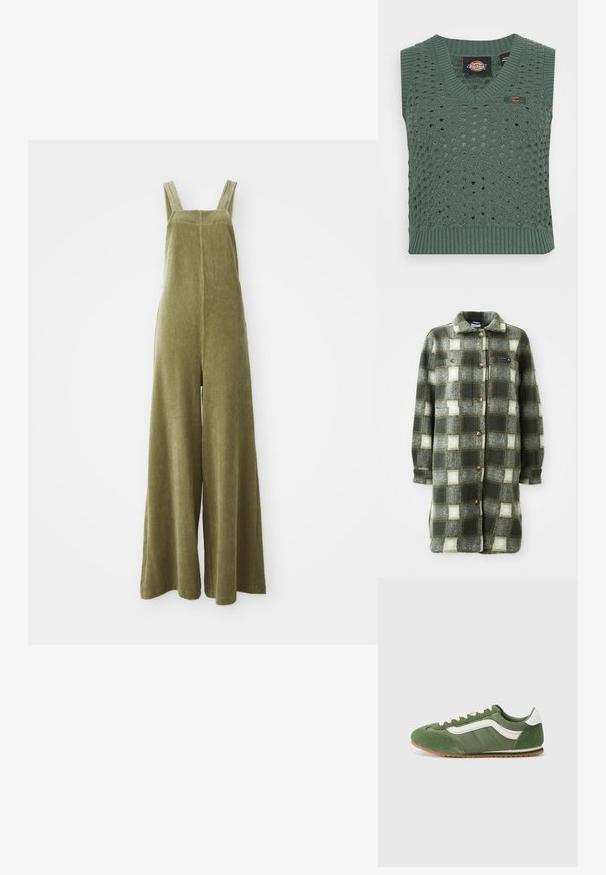 Chaqueta de camisa a cuadros en verde y gris, fabricada en suave franela, con un cuello con solapa, cierre de botones en la parte delantera y dos bolsillos en el pecho con botones dorados.; Pantalones de peto de pana verde oliva con piernas anchas, tirantes ajustables y una superficie texturizada. Diseño simple, sin patrones visibles ni herrajes.; Chaleco verde de punto con escote en V, con un diseño de ganchillo abierto y dobladillo acanalado. Incluye una etiqueta con un logotipo en la parte delantera.; Zapatillas verdes con una combinación de ante texturizado y tela lisa, con acentos blancos, cordones rosas y una suela de goma marrón.