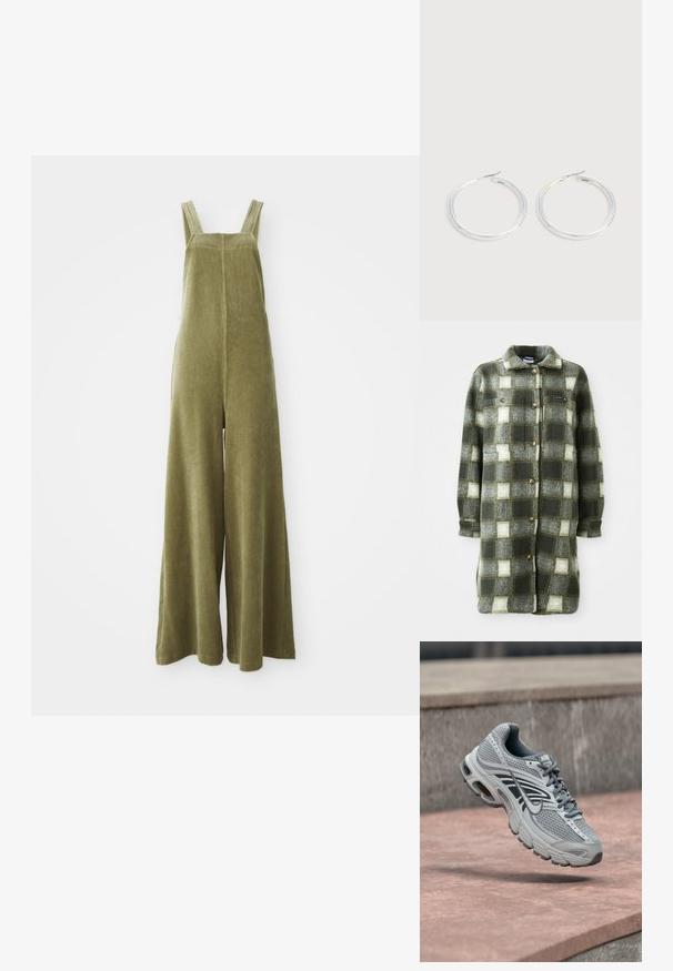 Chaqueta de camisa a cuadros en verde y gris, fabricada en suave franela, con un cuello con solapa, cierre de botones en la parte delantera y dos bolsillos en el pecho con botones dorados.; Pantalones de peto de pana verde oliva con piernas anchas, tirantes ajustables y una superficie texturizada. Diseño simple, sin patrones visibles ni herrajes.; Zapatilla de correr Nike en gris claro y blanco con diseño de malla, flotando sobre una superficie de piedra al aire libre.; Pareja de pendientes de aro plateados brillantes con cierres de alambre delgado, mostrados sobre un fondo gris claro.