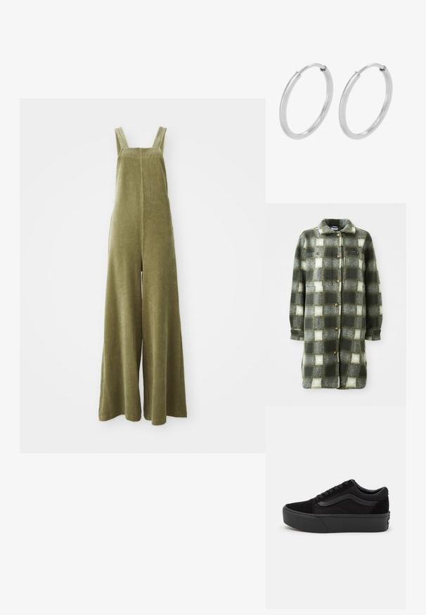 Roheline ja hall ruuduline särgifrakta, mis on valmistatud pehmest flanellist, millel on kaelus, nööpidega eesosa ja kaks rinnataskut kuldsete nuppudega.; Oliivrohelised kongsid laia säärega, reguleeritavate rihmadega ja tekstuurse pinnaga. Lihtne disain, ei ole nähtavaid mustreid ega metallkonstruktsioone.; Mustad tossud, mis on valmistatud sametist ja kanvasest, ümarate varvastega, lame lipsu disainiga ja paksu kummist tallaga, millel on tagasihoidlik bränditus.; Hõbedased rõngassõrmused, ringikujuline kuju, sile läikiv tekstuur ja ühtlane laius kogu ulatuses. Minimalistlik disain ilma lisadeta.