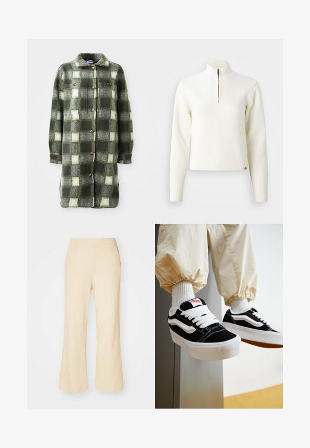 Veste en flanelle à carreaux verts et gris, douce au toucher, avec un col, une fermeture à boutons sur le devant et deux poches poitrine ornées de boutons dorés.; Pull-over blanc à col zippé et manches longues. Fabriqué en matériau tricoté doux, avec des poignets et un ourlet côtelés. Logo de la marque subtil à l'ourlet.; Pantalons large en beige clair avec un tissu texturé, dotés d'une taille élastique et de deux poches latérales.; Personne portant des baskets Vans noires et blanches avec des lacets blancs, des chaussettes blanches et un pantalon beige avec des poignets élastiques.