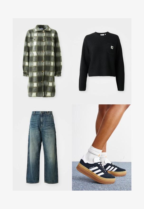 Grøn og grå ternet skjortejakke lavet af blød flannel, med krave, knaplukning fortil og to brystlommer med gyldne knapper.; Sort ribbenstrikket sweater med rund hals, lange ærmer og en frontlomme med et lille logo patch. Forkortet længde.; Bredde ben denim jeans i en falmet blå vask. Har en knaplukning, fem lommer og synlige sømme. Materialet har en glat tekstur.; Ben iført hvide sokker og sorte Adidas Gazelle sneakers med hvide striber og tykke brune såler på et gråt tæppe.