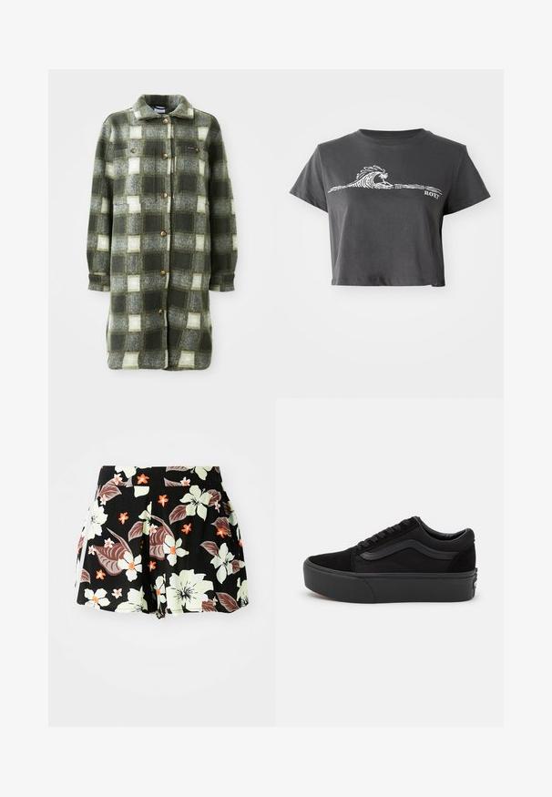 Groen en grijs geruite shirtjacket van zachte flanel, met een kraag, knoopsluiting aan de voorkant en twee borstzakken met gouden knopen.; Donkere grijze cropped T-shirt met een witte gestileerde golf, palmboom grafiek en "ROXY" tekst op de voorkant.; Zwarte bloemenkorte broek met grote lichtgroene en oranje bloemen en donkere bladeren, geplooid ontwerp, met zijzakken.; Zwarte sneaker gemaakt van suede en canvas, met een ronde neus, vlakke vetersluiting en een dikke rubberen zool met subtiele branding.