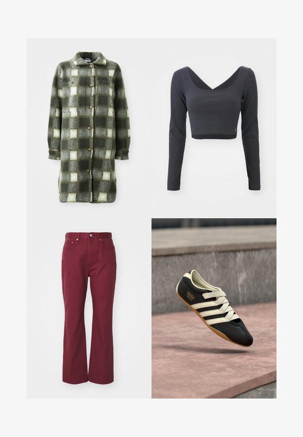 Roheline ja hall ruuduline särgifrakta, mis on valmistatud pehmest flanellist, millel on kaelus, nööpidega eesosa ja kaks rinnataskut kuldsete nuppudega.; Pikendustega lühike topp tumehallist ribakangast. Omab sügavat V-kaelust ja ühtlast värvi, mille allääres on väike logo.; Burgundia laiad säärega teksad, mis on valmistatud denimist, esifunktsioonina nupuga, vöödega ja kahe ees oleva taskuga. Sile tekstuur vähese õmblusega.; Mustad sportjalats kreemjate triipude ja paeltega, madala profiili, siledapinnaline ja kummist tallaga haarduvuse tagamiseks. Brändi silt on nähtav.