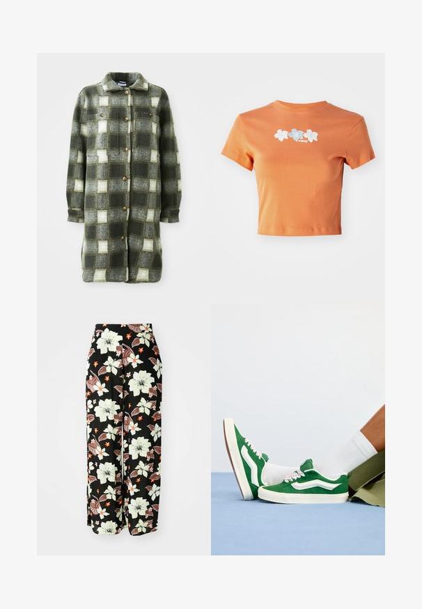 Chaqueta de camisa a cuadros en verde y gris, fabricada en suave franela, con un cuello con solapa, cierre de botones en la parte delantera y dos bolsillos en el pecho con botones dorados.; Camiseta naranja recortada de algodón con mangas cortas, que presenta flores bordadas en blanco y azul claro en la parte delantera.; Pantalones negros con flores grandes en blanco, naranja y marrón, con un diseño suelto de pierna ancha y una tela suave y ligera.; Zapatillas de ante verde con acentos blancos, cordones texturizados que presentan detalles en rosa y una suela de goma beige, combinadas con calcetines blancos y pantalones cortos verdes.
