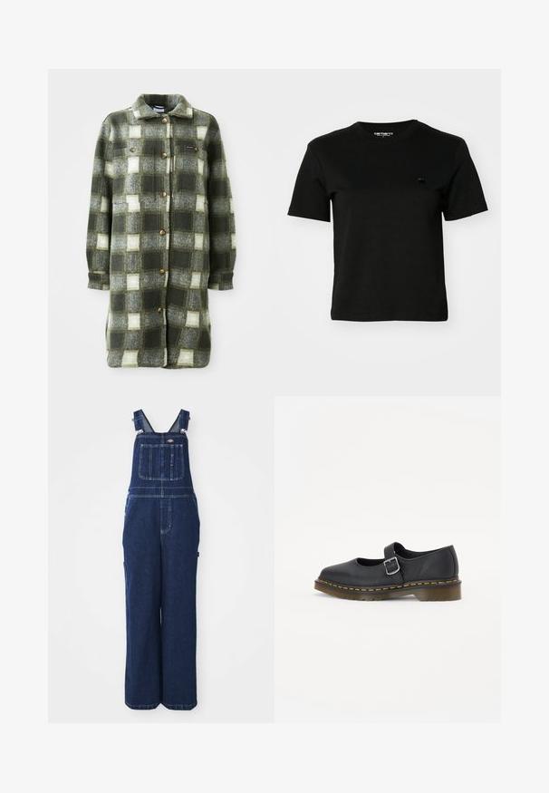Grün-graue Karottenhemdjacke aus weichem Flanell, mit einem Kragen, durchgehender Knopfleiste und zwei Brusttaschen mit goldenen Knöpfen.; Schwarzes T-Shirt aus Baumwolle. Kurze Ärmel und runder Halsausschnitt. Mit einem kleinen, dunklen Logo auf der linken Brust. Schlichtes, klassisches Design.; Jeans-Overalls in Dunkelblau, mit verstellbaren Trägern, Brusttasche, Seitentaschen und einer lockeren, weiten Passform. Klassische Nähdetails.; Schwarze Leder-Mary-Jane-Schuhe mit abgerundetem Zeh, verstellbarem Schnallenverschluss, gelben Nähten und einer dicken braunen Gummisohle.