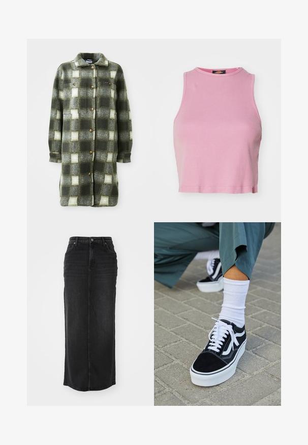 Veste en flanelle à carreaux verts et gris, douce au toucher, avec un col, une fermeture à boutons sur le devant et deux poches poitrine ornées de boutons dorés.; Crop top rose à côtes avec un col rond et un design sans manches. Se termine juste au-dessus de la taille.; Jupe maxi en denim noir, coupe droite, taille mi-haute, poches avant et coutures visibles le long des coutures.; Baskets en suède noir avec des accents et des lacets blancs, présentant une épaisse semelle blanche et des coutures contrastantes, associées à une chaussette blanche.