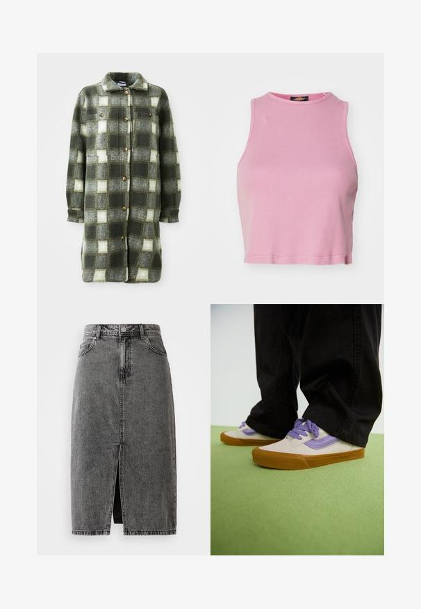 Grøn og grå ternet skjortejakke lavet af blød flannel, med krave, knaplukning fortil og to brystlommer med gyldne knapper.; Rosa ribbet crop top med rund halsudskæring og ærmeløs design. Har en kant, der slutter lige over taljen.; Højtaljet, falmet sort denim midi-nederdel med en frontslids, bæltesløjfer og klassisk fem-lomme design.; Lyse beige sneakers med lilla accenter, gummisål og flade snørebånd. Båret med sorte bukser, vist på en grøn struktureret overflade.