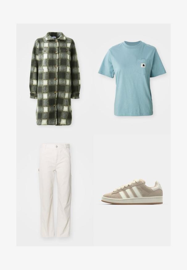 Chaqueta de camisa a cuadros en verde y gris, fabricada en suave franela, con un cuello con solapa, cierre de botones en la parte delantera y dos bolsillos en el pecho con botones dorados.; Camiseta de algodón de manga corta color azul claro con bolsillo en el pecho que presenta un pequeño parche del logotipo en blanco y negro de Carhartt.; Pantalones cargo de algodón blancos con un diseño de pierna recta, que cuentan con bolsillos laterales y un cierre de botón en la cintura. Textura suave.; Zapatillas de ante marrón con rayas y cordones de cuero blanco, suela de goma, cuello acolchado y detalles texturizados en la parte superior.