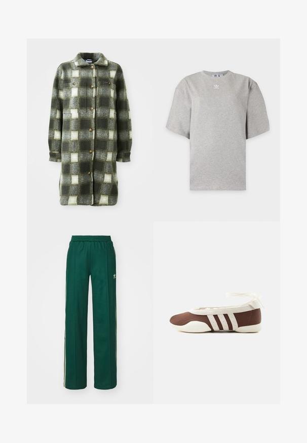 Veste en flanelle à carreaux verts et gris, douce au toucher, avec un col, une fermeture à boutons sur le devant et deux poches poitrine ornées de boutons dorés.; T-shirt Adidas gris clair à manches courtes avec col rond et petit logo Adidas blanc sur la poitrine, présenté sur un fond simple.; Pantalons de sport vert foncé avec une coupe décontractée, dotés d'une taille à cordon, de poches latérales et de bandes crème sur les côtés.; Chaussure plate de ballet marron et blanche avec trois bandes blanches et un nœud à nouer à la cheville sur un fond clair uni.