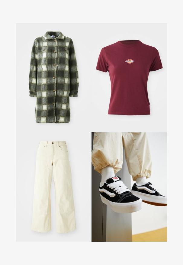 Grøn og grå ternet skjortejakke lavet af blød flannel, med krave, knaplukning fortil og to brystlommer med gyldne knapper.; Bordeaux kortærmet t-shirt lavet af bomuld med rund halsudskæring og et lille multicoloreret "Dickies" logo på brystet.; Beige brede bukser i bomuld med høj talje, store forlommer og en glat overflade med minimal syning.; Person iført sorte og hvide Vans sneakers med hvide snørebånd, hvide sokker og beige bukser med elastiske manchetter.
