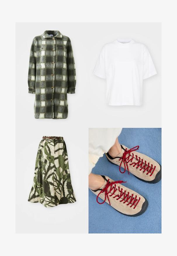 Grøn og grå ternet skjortejakke lavet af blød flannel, med krave, knaplukning fortil og to brystlommer med gyldne knapper.; Hvid bomulds t-shirt med rund hals, korte ærmer og en afslappet pasform. Har et diskret logo på venstre brystområde. Glat tekstur.; Lang nederdel med kaktusprint i nuancer af grøn og creme, med en sammenpresset talje og et brunt bælte til lukning.; Beige sko med røde snørebånd, placeret på en blå tekstureret overflade, delvist synliggørende en persons ankel. Skoene har et sporty design.