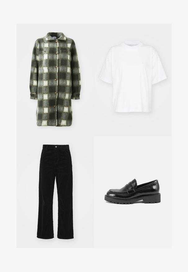 Chaqueta de camisa a cuadros en verde y gris, fabricada en suave franela, con un cuello con solapa, cierre de botones en la parte delantera y dos bolsillos en el pecho con botones dorados.; Camiseta de algodón blanca con cuello redondo, mangas cortas y un corte relajado. Presenta un logo sutil en el área del pecho izquierdo. Textura suave.; Pantalones de pana anchos en color negro con cintura alta, que cuentan con un cierre frontal de botón y cremallera, y una textura acanalada vertical en todo su diseño.; Mocasin de charol negro con punta estructurada, tira decorativa en el empeine y suela gruesa y robusta. Acabado suave y brillante.