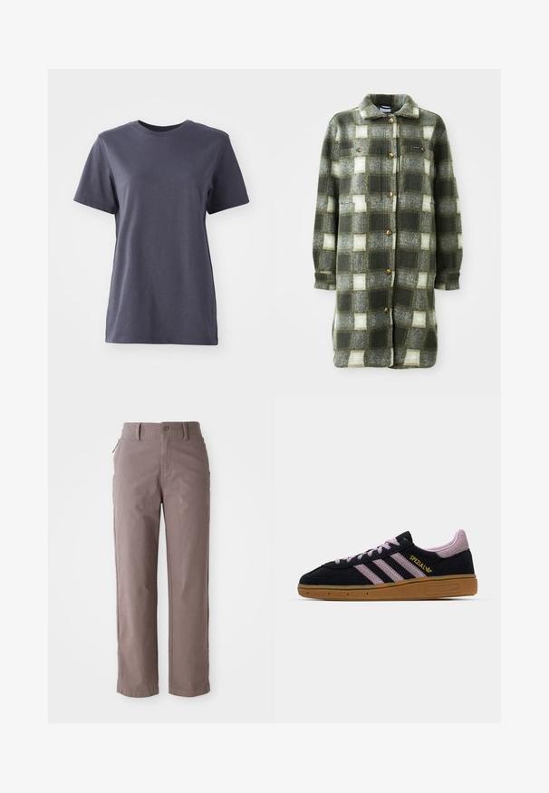 Veste en flanelle à carreaux verts et gris, douce au toucher, avec un col, une fermeture à boutons sur le devant et deux poches poitrine ornées de boutons dorés.; T-shirt à manches courtes en coton gris foncé, design col rond, texture lisse, ourlet droit, sans motifs ni détails matériels visibles.; Pantalons en toile de coton marron avec une coupe droite, dotés d'une fermeture à bouton sur le devant et de poches latérales, texture lisse et lignes épurées.; Baskets en suède noir et rose avec semelle en caoutchouc, trois rayures roses, marquage doré "SPEZIAL" et semelle en gomme texturée. Design basse.
