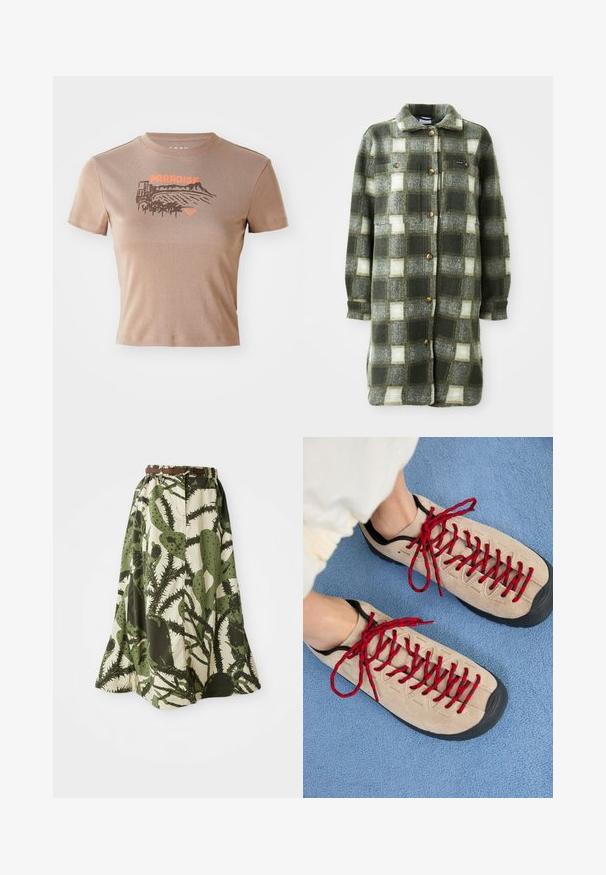 Groen en grijs geruite shirtjacket van zachte flanel, met een kraag, knoopsluiting aan de voorkant en twee borstzakken met gouden knopen.; Bruine katoenen T-shirt, korte mouwen, ronde hals. De voorkant heeft een "PARADISE" grafiek in oranje met een landschap en palmbomen ontwerp.; Lange rok met een cactusprint in groen en crème tinten, met een aansluitende taille en een bruine riem voor sluiting.; Beige schoenen met rode veters, geplaatst op een blauwe, gestructureerde ondergrond, onthullen gedeeltelijk de enkel van een persoon. De schoenen hebben een sportief ontwerp.