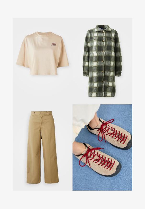 Grøn og grå ternet skjortejakke lavet af blød flannel, med krave, knaplukning fortil og to brystlommer med gyldne knapper.; Beige cropped t-shirt lavet af bomuld, med korte ærmer, en rund halsudskæring og et maroon logo grafik på venstre bryst.; Beige bredde bukser lavet af en blanding af bomuldsstof, med knaplukning, bæltestropper og forlommer.; Beige sko med røde snørebånd, placeret på en blå tekstureret overflade, delvist synliggørende en persons ankel. Skoene har et sporty design.