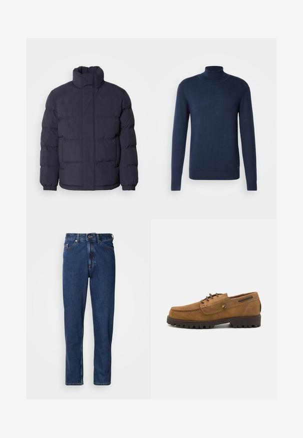 Geacă puffer navy cu guler înalt, textură matlasată și manșete ribbate. Dispune de un fermoar frontal și două buzunare laterale.; Pulover cu guler înalt de culoare bleumarin, realizat dintr-un material moale, cu mâneci lungi, o croială ajustată, manșete strâmte și o textură netedă. Design minimalist.; Blugi de culoare albastru închis, realizați din denim, cu un design cu picior drept, stil cu cinci buzunare și cusături vizibile de-a lungul cusăturilor.; Pantofi din suede maro cu vârful rotunjit, accente contrastante din fire și o talpă din cauciuc texturată cu crampoane adânci pentru aderență.