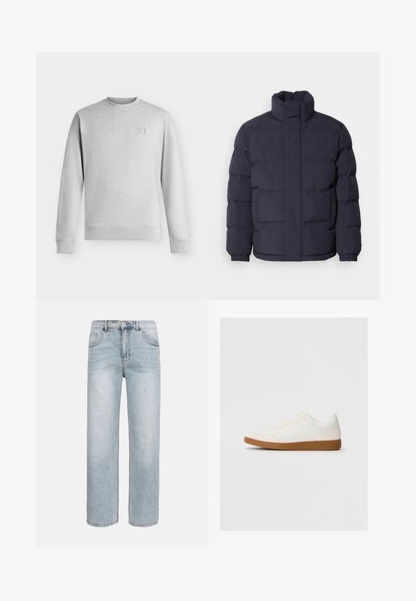 Marineblå pufferjakke med høj krave, quiltet tekstur og ribbede manchetter. Har en frontlynlås og to sidelommer.; Lysegrå crewneck sweatshirt med lange ærmer og ribbet manchetter og kant, med et lille firkantet logo på venstre bryst.; Lyseblå jeans med lige ben, forlommer, knaplukning og diskret falming på lår og knæ.; Hvide sneakers med en ruskind tåspids, glat syntetisk overdel og tan gummisål. Har perforeringer på siderne for åndbarhed.