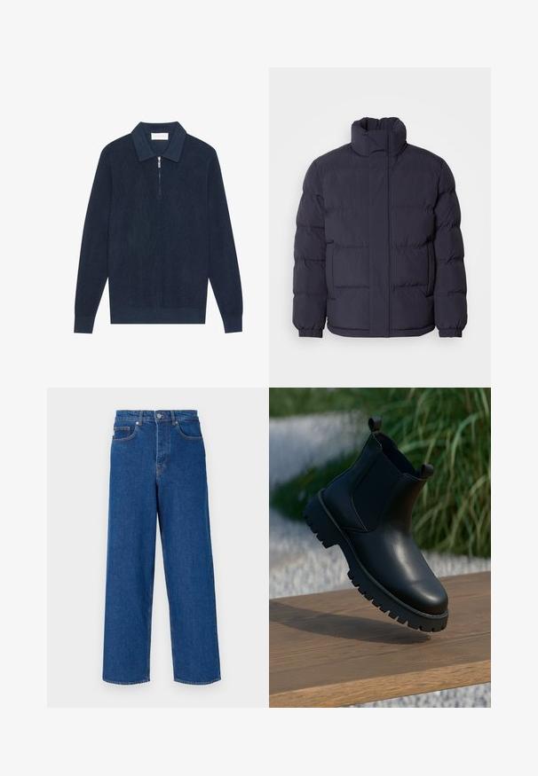 Veste matelassée navy avec un col haut, texture matelassée et poignets côtelés. Caractéristiques d'une fermeture éclair devant et de deux poches latérales.; Polo en tricot bleu marine foncé à manches longues avec une texture côtelée et une courte fermeture éclair argentée au col.; Jean bleu large en denim, avec une taille haute, une conception à cinq poches et des coutures contrastées le long des coutures et des poches.; Bottes en cuir noir à la cheville avec panneaux latéraux élastiques, bout rond et semelle épaisse, exposées sur une surface en bois.