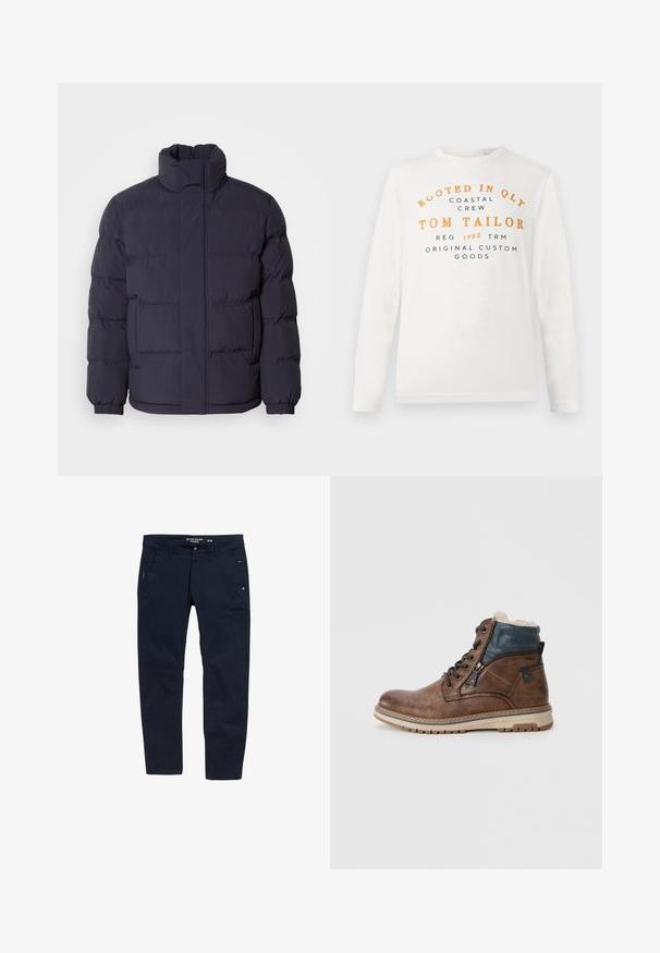 Marineblaue Steppjacke mit hohem Kragen, gestepptem Textil und gerippten Bündchen. Mit einem Frontreißverschluss und zwei Seitentaschen.; Weißes Langarmshirt mit orangefarbener und schwarzer Schrift, auf der steht: "Rooted in QLY Coastal Crew Tom Tailor Reg 1962 TRM Original Custom Goods".; Marineblaue Baumwollhose mit geradem Schnitt. Verfügt über zwei Seitentaschen und einen Knopfverschluss. Minimalistisches Design mit dezenten Akzenten.; Braune Leder-Stiefelette mit einem blauen Textilkragen und weichem Innenfutter, ausgestattet mit einem seitlichen Reißverschluss, Schnürverschluss und strukturiertem Gummisohlen.