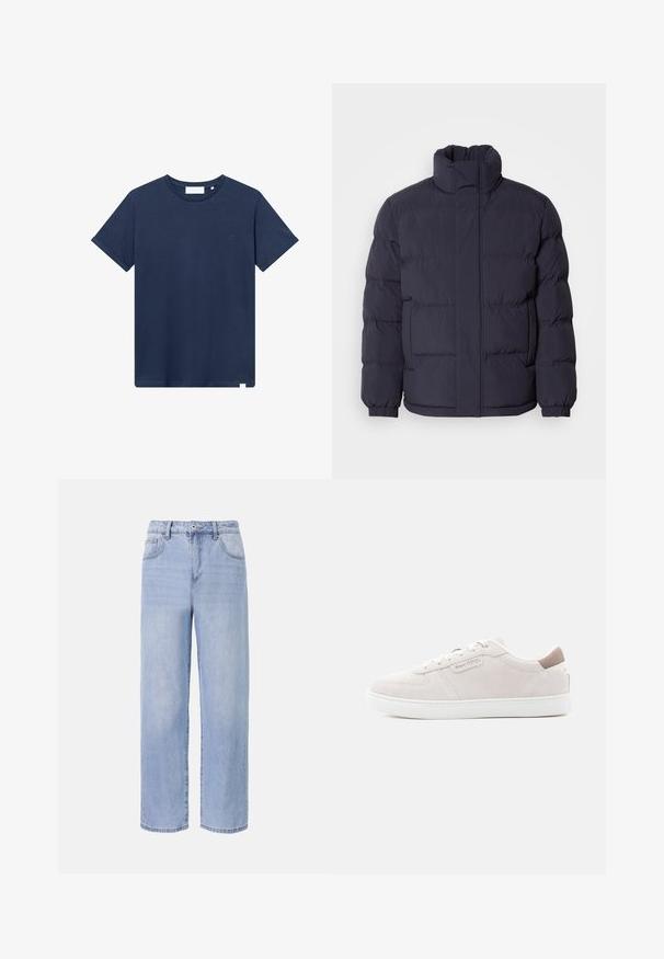 Marine pufferjack met een hoge kraag, gewatteerde textuur en ribbelmanchetten. Voorzien van een ritssluiting aan de voorkant en twee zijzakken.; Navyblauwe katoenen t-shirt met een ronde hals, korte mouwen en een klein geborduurd logo op de linkerkant van de borst. Zachte textuur.; Lichtblauwe denim jeans met een ontspannen, wijde pasvorm. Kenmerken zijn onder andere vijf zakken, een sluiting met een knoop aan de voorkant en subtiele vervaging.; Lichtroze suède sneaker met witte rubberen zool, voorzien van een gestikt ontwerp en een klein logodetail aan de zijkant en achterkant van de hiel.