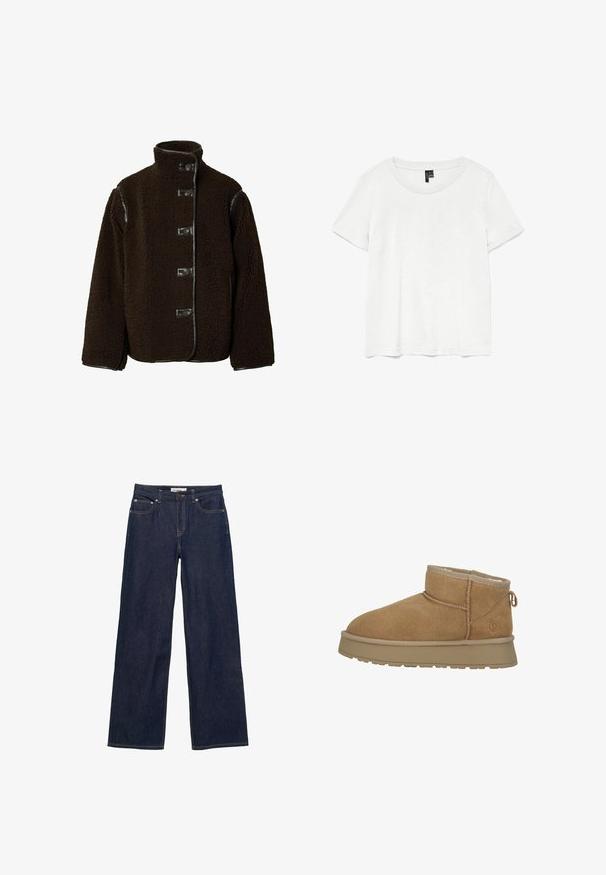 Brauner Fleece-Jacke mit hohem Kragen, Knopfverschluss und Leder-Details an den Schultern. Weiche Textur mit einer kastigen Form.; Weißes T-Shirt mit kurzen Ärmeln und rundem Ausschnitt, hergestellt aus leichtem Stoff. Schlichtes Design, glatte Textur und gerader Saum.; Dunkelblaue Jeans mit geradem Bein, Vordertaschen, Gürtelschlaufen, Knopfverschluss und sichtbaren Kontrastnähten.; Braune Wildleder-Stiefelette mit weichem Kunstfellfutter, runder Zehenform und flacher Gummisohle. Verfügt über eine dekorative Naht und eine Zuglasche an der Ferse.