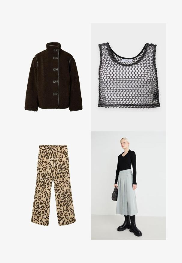 Brun fleecejakke med høj krave, knaplukning og læderdetaljer på skuldrene. Blød tekstur med en firkantet form.; Sort ærmeløs crop top med bredt netstof og bølget kant, lagt fladt ud, der viser for- og indvendige etiketdetaljer.; Betræksbukser med leopardmønster i beige og brun, med snøre i taljen, glat stof og en afslappet pasform.; Sort langærmet top, lys grå plisseret nederdel med dobbelte spænde detaljer, og sorte chunky-såle støvler; sølv- håndtaske med dekorationer.