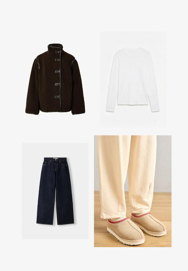 Veste en polaire marron avec un col haut, une fermeture à boutons et des accents en cuir sur les épaules. Texture douce avec une forme carrée.; T-shirt blanc uni à manches longues et col rond, posé à plat sur une surface blanche, montrant l'avant et la longueur complète des manches.; Jean large en denim bleu foncé à taille haute, avec cinq poches, des coutures contrastées et des éléments en métal argenté. Texture lisse et finition soignée.; Pieds portant des chaussons beiges avec une bordure rouge et un pantalon crème debout sur un sol en bois.
