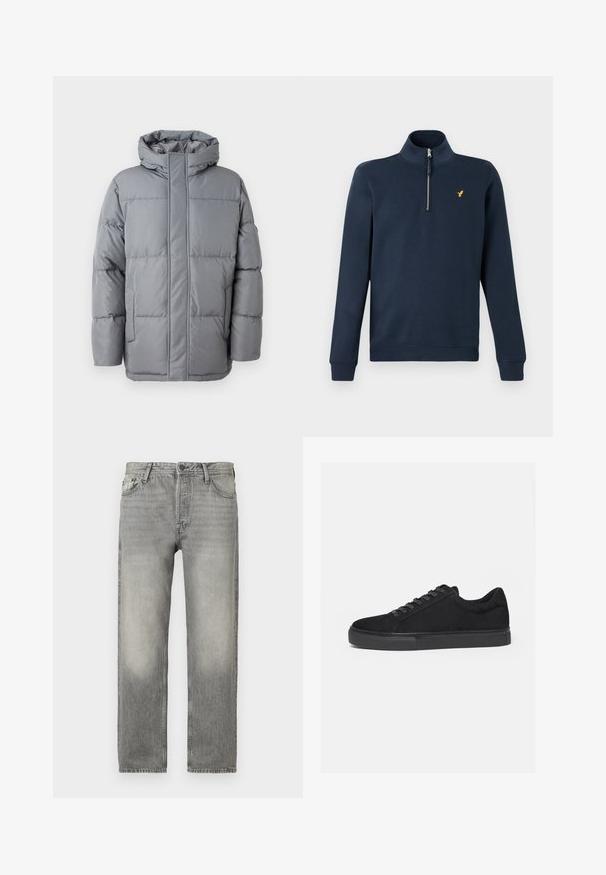 Veste matelassée grise avec un col haut, fermeture zippée à l'avant et poches latérales. Elle présente un design matelassé et une texture lisse et mate.; Pull-over bleu marine à manches longues avec fermeture à glissière quart, petit logo d'oiseau jaune sur la poitrine gauche, poignets et ourlet côtelés.; Jean en denim gris avec une coupe décontractée, présentant un délavage, un design à cinq poches, une fermeture à bouton et une coupe droite.; Baskets basses noires avec fermeture à lacets à l'avant et semelle en caoutchouc plate, vues de profil sur fond blanc.