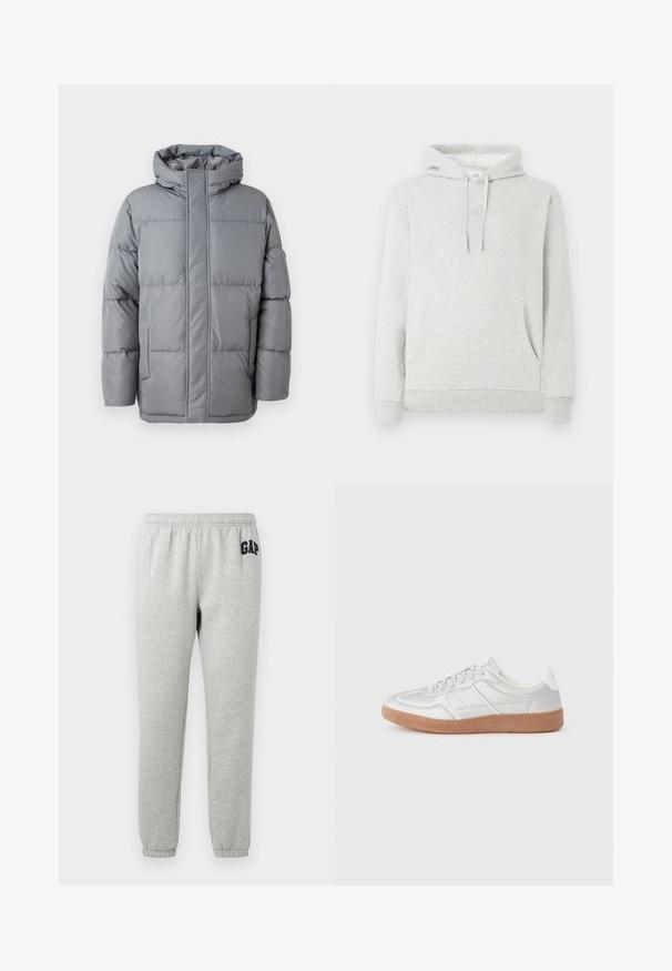 Graue wattierte Jacke mit hohem Kragen, Front-Reißverschluss und seitlichen Taschen. Verfügt über ein gestepptes Design und eine glatte, matte Textur.; Hellgrauer Hoodie mit einer Kordelzugkapuze, Taschen vorne, gerippten Bündchen und Saum, sowie einem dezenten, eingeprägten Logo auf der Brust.; Graue Jogginghose mit elastischem Bund, abgeklebten Knöcheln und einem dunkelblauen "GAP"-Logo auf dem linken Oberschenkel. Weicher Baumwollmischstoff.; Silberne Sneakers mit glatter Textur, Schnürdesign, durchbrochenen Akzenten und einer strukturierten braunen Gummisohle.