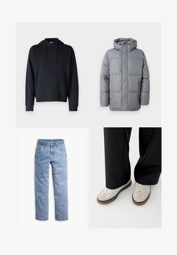Grå polstret jakke med høj krave, front ziplukning og sidelommer. Har et quiltet design og en glat, mat tekstur.; Sort hoodie lavet af en blanding af bomuldsstoffer, med en kengurulomme, justerbare snore og ribmekanter ved håndleddene og kanten. Simpelt design.; Lyseblå straight-leg denimjeans med forreste knap- og lynlås, bæltestropper og skrå forlommer.; Fødder iført beige sneakers med brune såler og sorte bukser med vide ben på hvid baggrund.