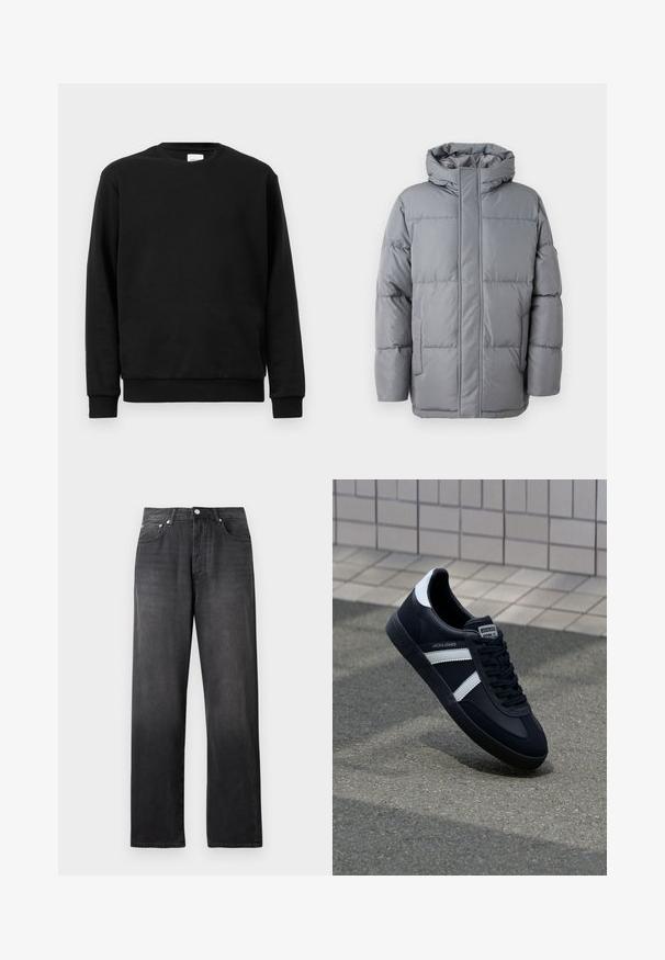 Grå polstret jakke med høj krave, front ziplukning og sidelommer. Har et quiltet design og en glat, mat tekstur.; Sort sweatshirt lavet af bomuldsblanding; har rund hals, lange ærmer og ribbede mansjetter og forneden for en tætsiddende pasform.; Sorte, højtaljede straight-leg jeans med frontknap og lynlås, to forlommer og diskrete falmede detaljer.; Sort lædersneaker med hvide striber, tekstureret gummisål og snørrebånd foran. Har et brandet mærke på tungen.