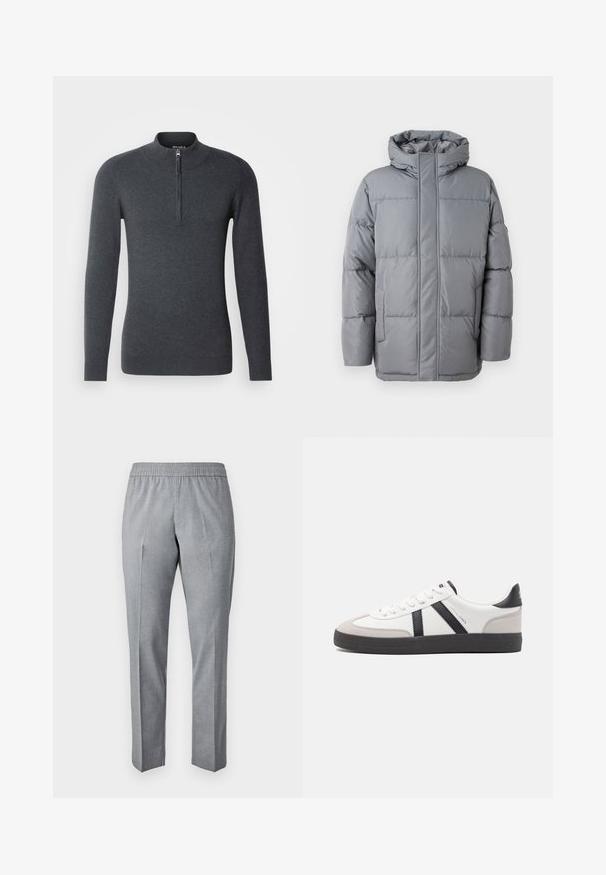Veste matelassée grise avec un col haut, fermeture zippée à l'avant et poches latérales. Elle présente un design matelassé et une texture lisse et mate.; Pull en gris foncé avec un col montant et une courte fermeture éclair à l'avant. Fabriqué dans un tissu doux et texturé, avec des manches longues et des bords côtes.; Pantalons gris, tissés, avec une taille élastique, coupe droite et pli sur le devant. La texture du tissu semble lisse et légère.; Baskets blanches avec des accents noirs et gris, présentant un embout texturé gris, une semelle en caoutchouc noir et des lacets plats blancs. Design épuré, style minimaliste.