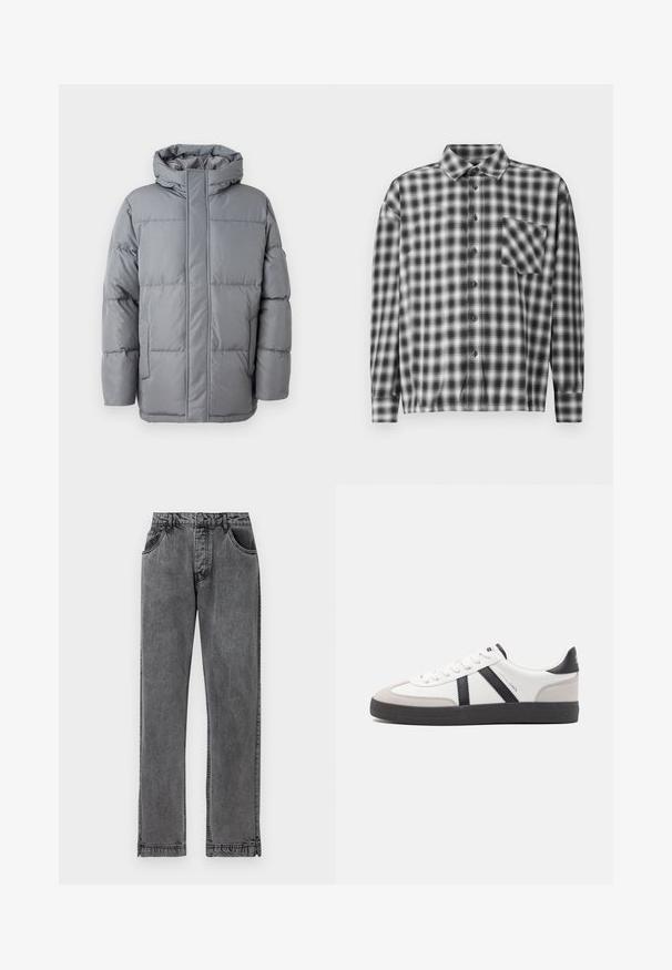 Graue wattierte Jacke mit hohem Kragen, Front-Reißverschluss und seitlichen Taschen. Verfügt über ein gestepptes Design und eine glatte, matte Textur.; Schwarz-weiße karierte Langarmbluse aus weichem Stoff, mit einer durchgehenden Knopfleiste und Brusttasche. Mit Kragen und lockerem Schnitt.; Schwarze Jeans aus Denim mit geradem Schnitt, ausgestattet mit fünf Taschen, einem Knopfverschluss und dezenten Stickdetails an den Nähten.; Weiße Sneaker mit schwarz- und grau-aczenten, ausgestattet mit einer strukturierten grauen Zehenkappe, schwarzer Gummi-Sohle und flachen weißen Schnürsenkeln. Sauberes Design, minimalistische Stil.