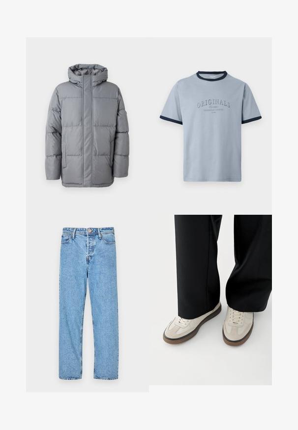 Grå polstret jakke med høj krave, front ziplukning og sidelommer. Har et quiltet design og en glat, mat tekstur.; Lyseblå bomulds-T-shirt med navyblå ribkant ved hals og ærmer. Har hævet tekst "ORIGINALS" og "CONTEMPORARY AESTHETICS" i et diskret design.; Lysblå denim jeans med lige ben design, fem-lomme stil, synlige syninger og knap- samt lynlåslukning.; Fødder iført beige sneakers med brune såler og sorte bukser med vide ben på hvid baggrund.