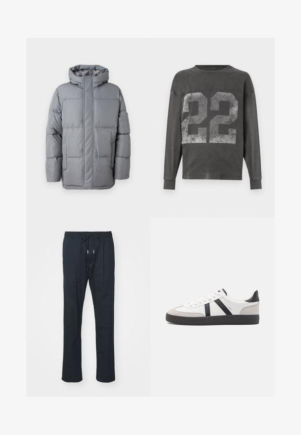 Veste matelassée grise avec un col haut, fermeture zippée à l'avant et poches latérales. Elle présente un design matelassé et une texture lisse et mate.; Sweatshirt long à manches longues gris foncé avec un grand numéro 22 blanc délavé imprimé sur le devant, col rond et poignets côtelés.; Pantalons noirs avec une ceinture élastique dotée d'un cordon de serrage pour un ajustement personnalisable. Design à jambes droites et tissu léger. Aucune motif visible.; Baskets blanches avec des accents noirs et gris, présentant un embout texturé gris, une semelle en caoutchouc noir et des lacets plats blancs. Design épuré, style minimaliste.