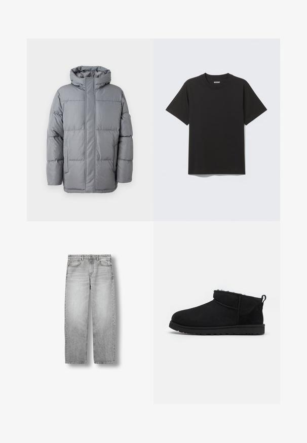 Grå polstret jakke med høj krave, front ziplukning og sidelommer. Har et quiltet design og en glat, mat tekstur.; Simpel sort kortærmet bomulds T-shirt med rund halsudskæring og mærket "WEEKDAY" indeni kraven på en lys grå baggrund.; Lysegrå jeans med lige ben, forlommer, bæltestropper og knaplukning, vist fladt mod en hvid baggrund.; Sorte ruskind ankelstøvler med en blød, tekstureret foring, lavprofilgummi sål og en løkke bagpå for nem påtagning.
