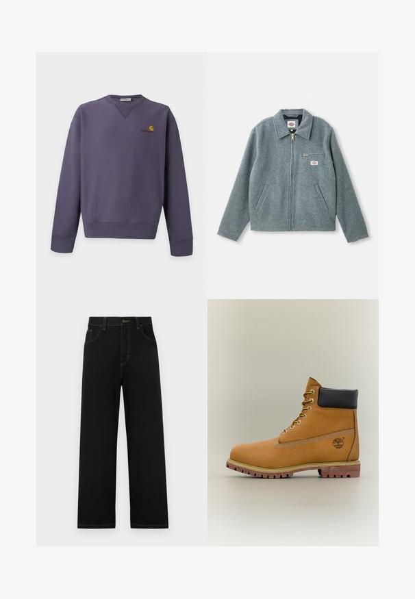 Veste grise en mélange de laine avec une fermeture éclair à l'avant, un col pointu, deux poches latérales et une petite poche sur la poitrine avec une étiquette de marque.; Sweat-shirt violet col rond avec manches longues et petit logo Carhartt jaune et rouge sur la partie supérieure gauche de la poitrine.; Pantalons en denim noir à coupe droite, dotés de poches avant, de surpiqûres jaunes contrastantes et d'une fermeture à bouton à la taille.; Bottine en cuir marron avec col noir, lacets jaunes et semelle beige. Présente un logo et des détails de couture blanche. Semelle extérieure à traction robuste.